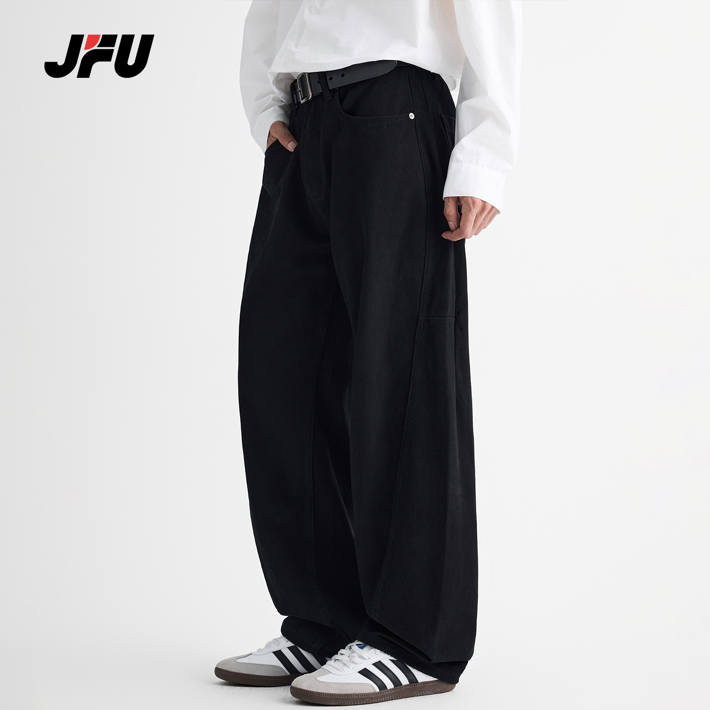 JFU潮牌美式复古宽松弯刀牛仔裤