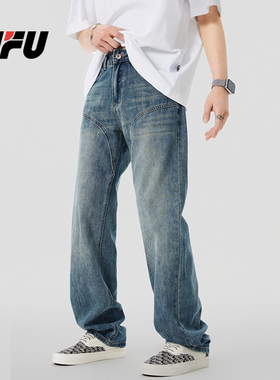 JFU 2025秋冬款牛仔裤男生宽松直筒阔腿长裤子男款复古潮牌百搭