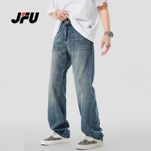 JFU 牛仔裤男生宽松直筒阔腿长裤子男款复古潮牌百搭