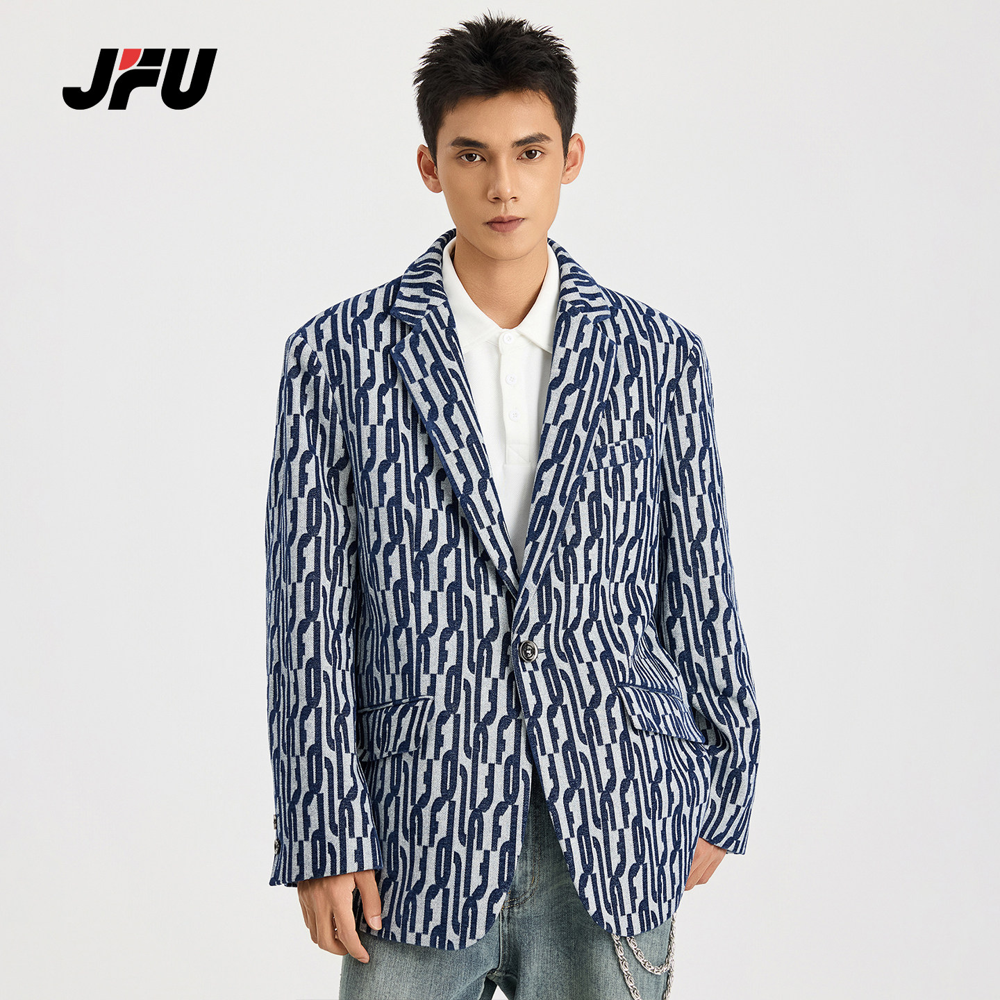 JFU潮牌 秋冬新款时尚字母印花宽松休闲西服外套男长袖西装上衣