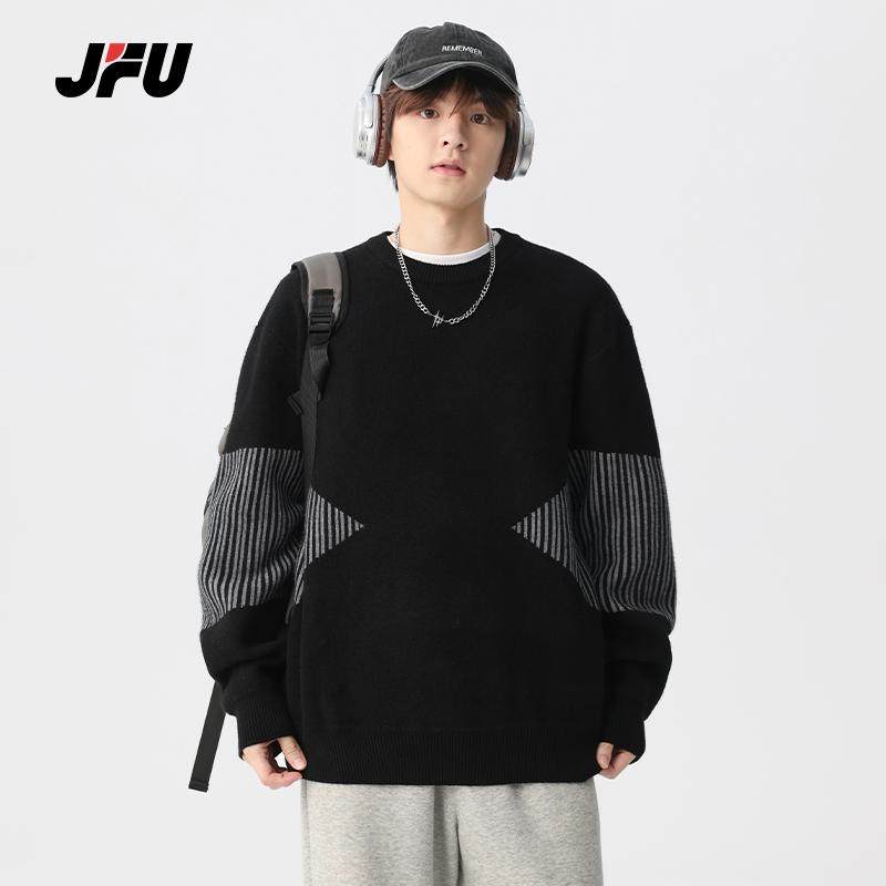 JFU秋冬季美式黑色圆领套头毛衣男慵懒风加厚保暖宽松打底针织衫