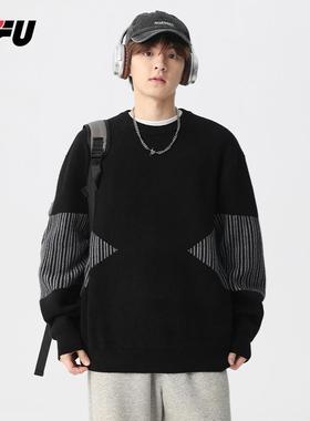 JFU秋冬季美式黑色圆领套头毛衣男慵懒风加厚保暖宽松打底针织衫