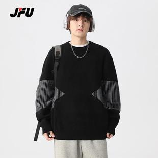 JFU秋冬季美式黑色圆领套头毛衣男慵懒风加厚保暖宽松打底针织衫