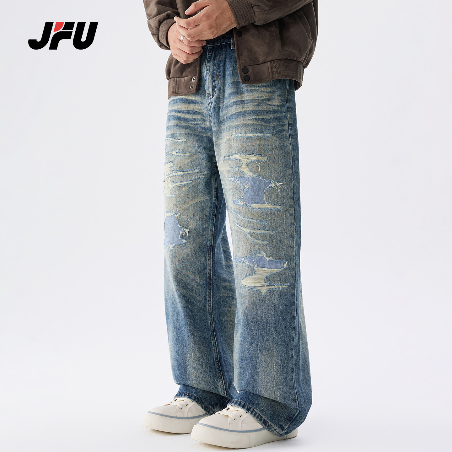 JFU潮牌美式复古破洞直筒牛仔裤