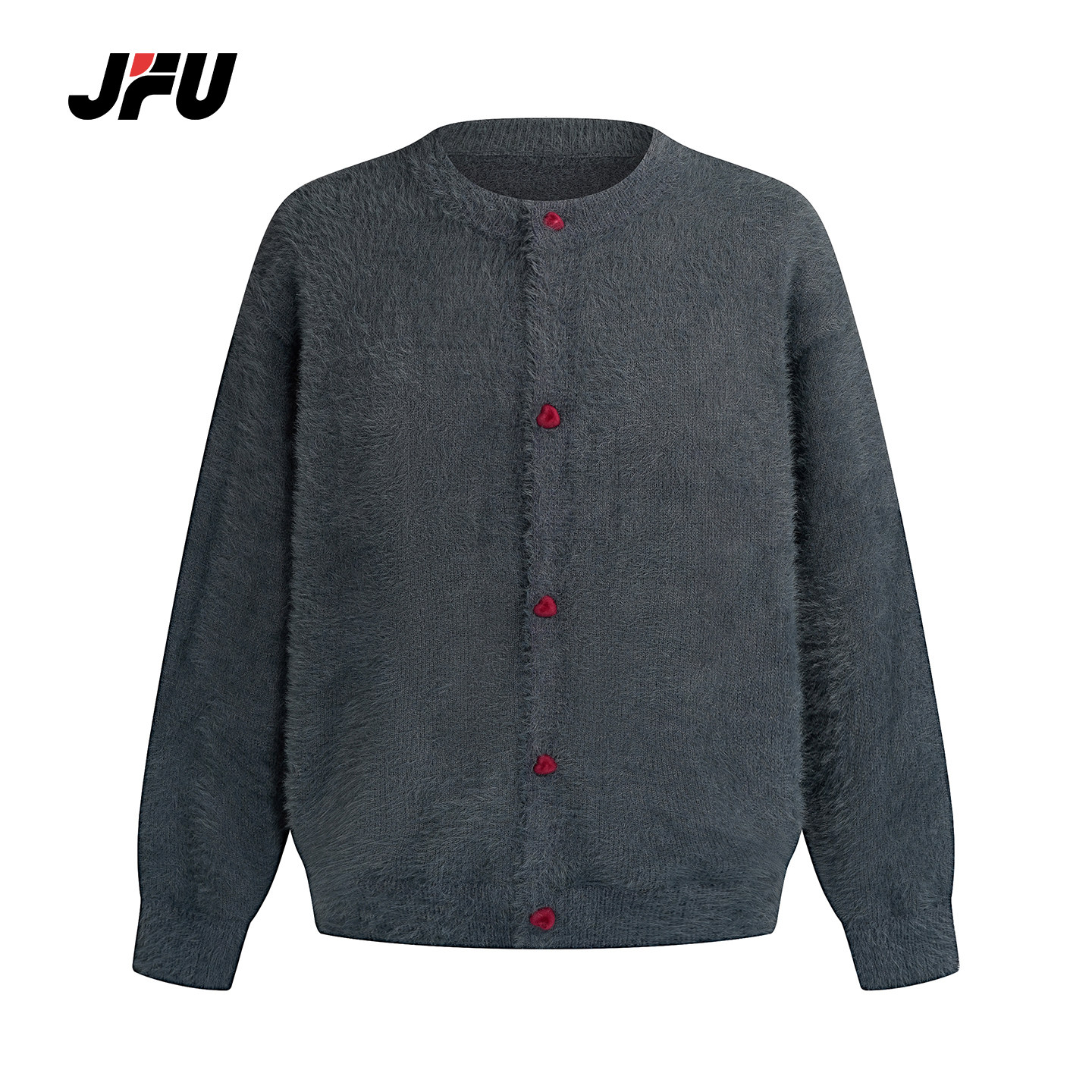 JFU潮牌老钱风秋冬圆领红色纽扣针织开衫男宽松休闲毛衣外套上衣