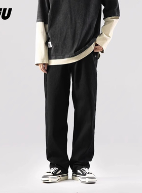 JFU美式黑色牛仔裤男2024秋冬款潮牌阔腿裤宽松直筒长裤子男生