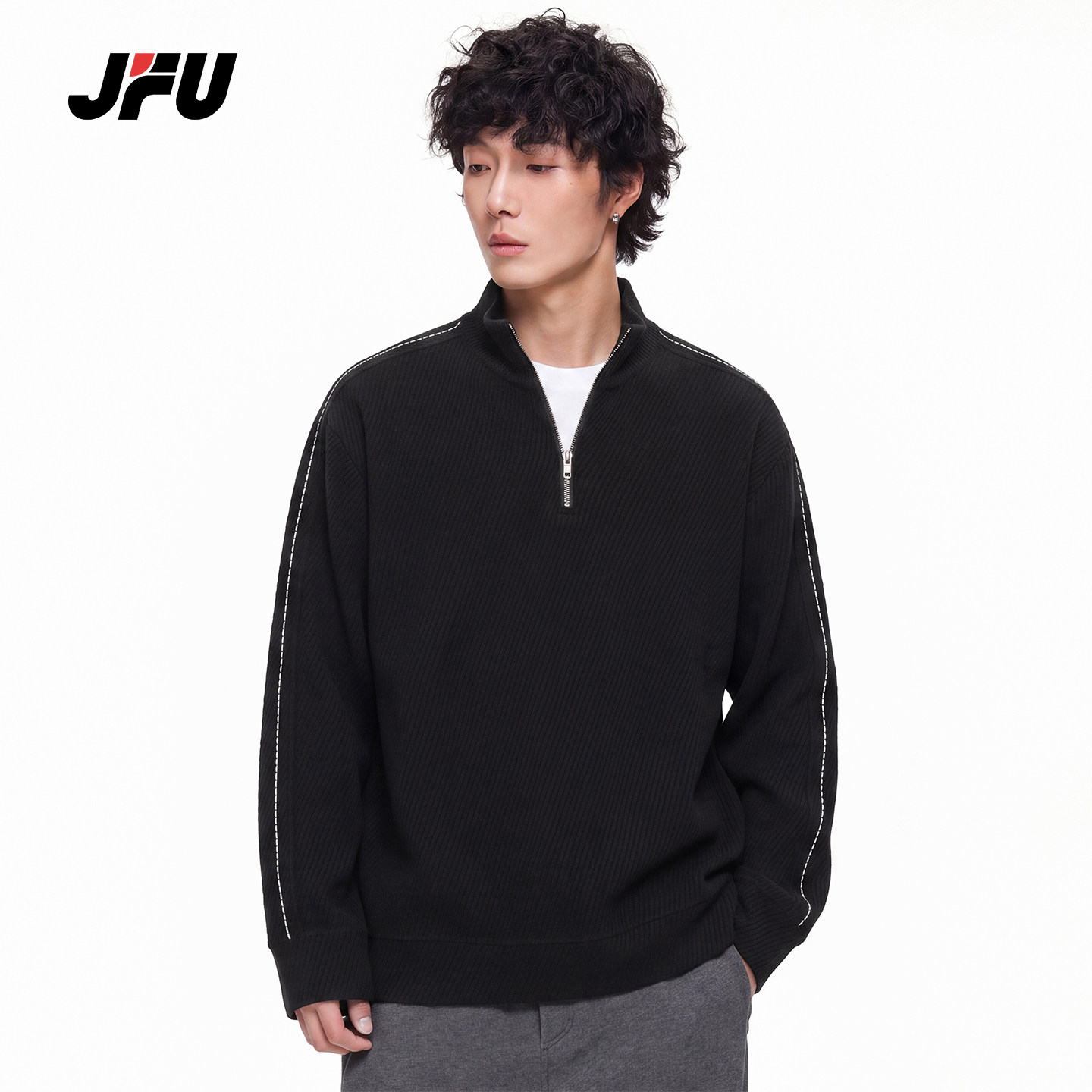 JFU潮牌美式复古半拉链卫衣男