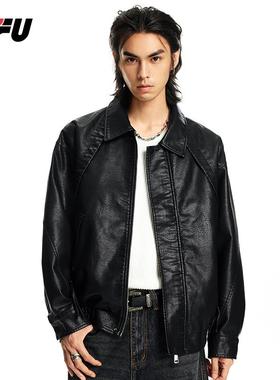 JFU秋冬季美式复古黑色皮夹克外套男高街宽松休闲机车皮衣外套