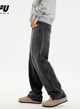 JFU2024秋冬美式复古高级灰水洗牛仔裤男宽松休闲直筒裤阔腿长裤