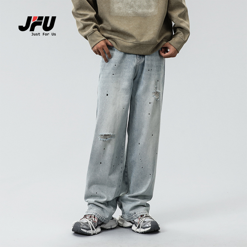 JFU 美式高街破洞牛仔裤男生宽松直筒阔腿长裤子男款潮牌春夏薄款