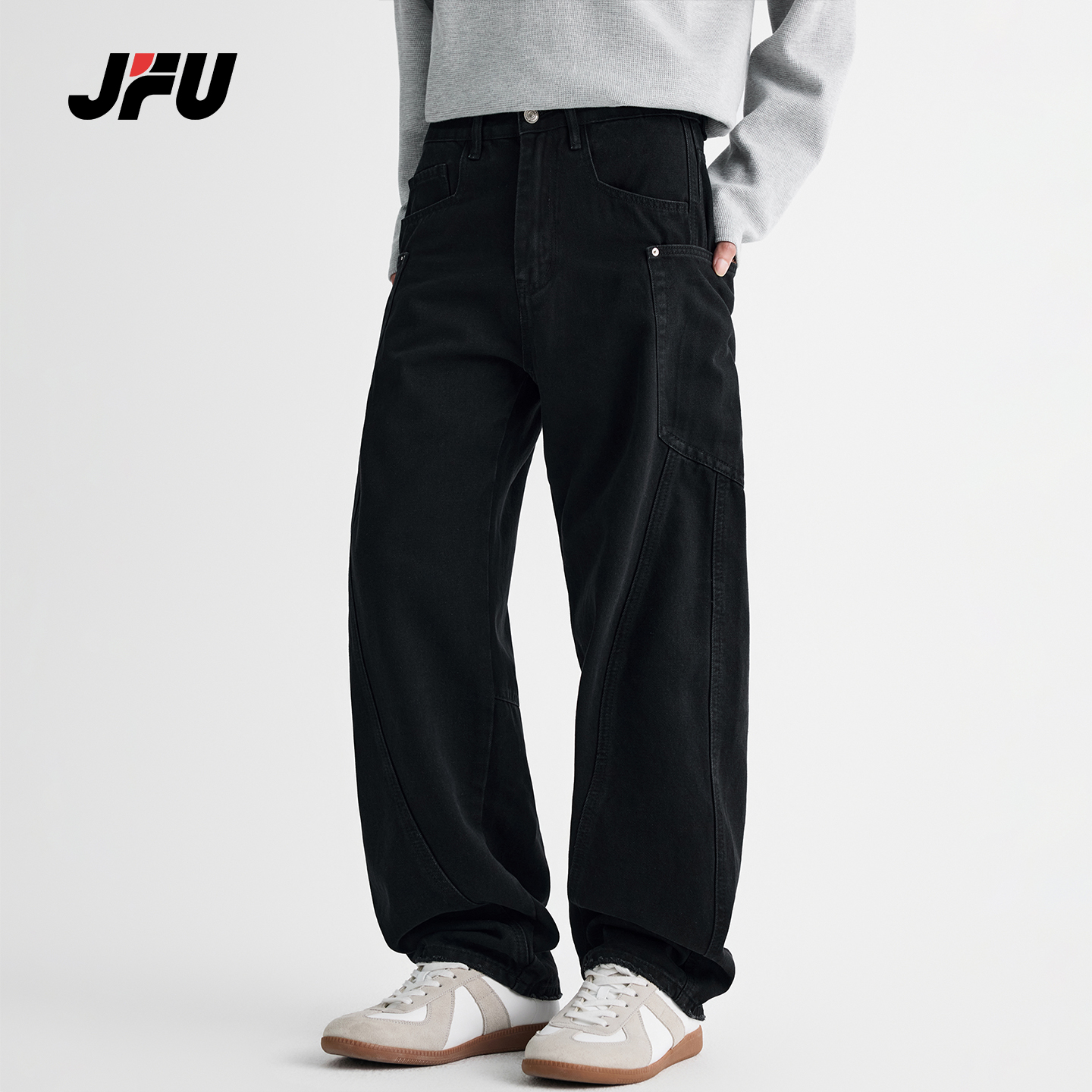 JFU潮牌美式复古宽松弯刀牛仔裤