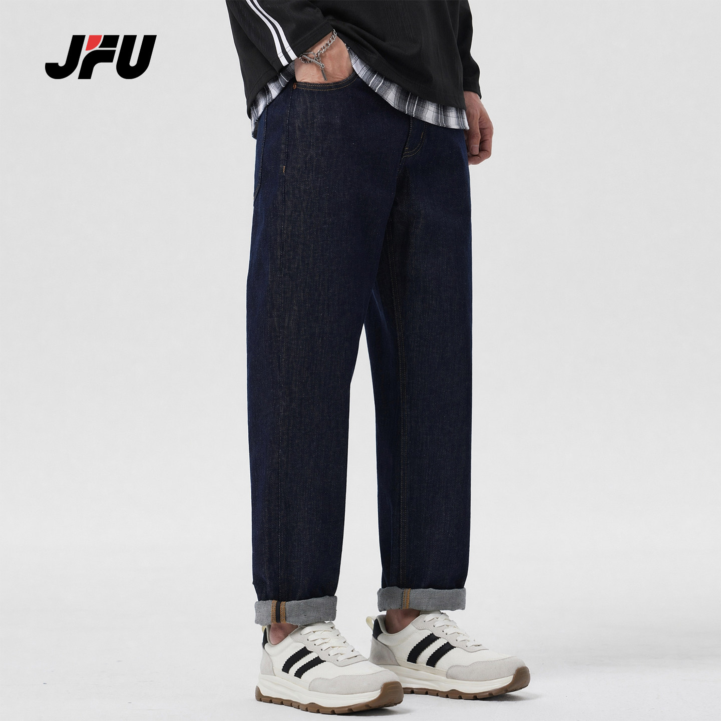 JFU潮牌复古水洗修身牛仔裤男