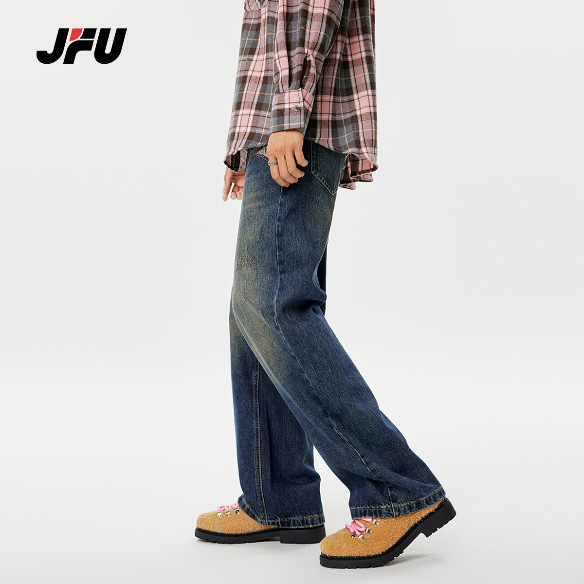 JFU美式高街cleanfit休闲直筒阔腿牛仔裤男复古垂直感宽松拖地裤