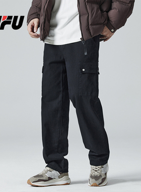 JFU美式直筒牛仔工装裤男高街ins潮牌宽松百搭春秋款阔腿长裤子