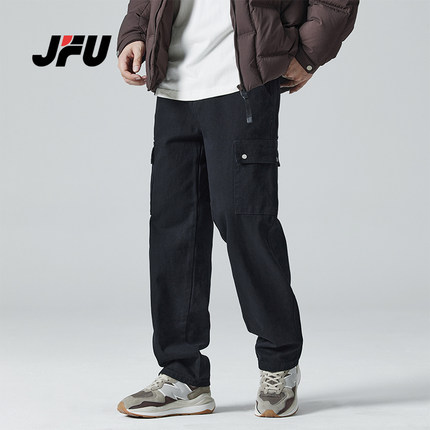 JFU美式直筒牛仔工装裤男高街ins潮牌宽松百搭春秋款阔腿长裤子
