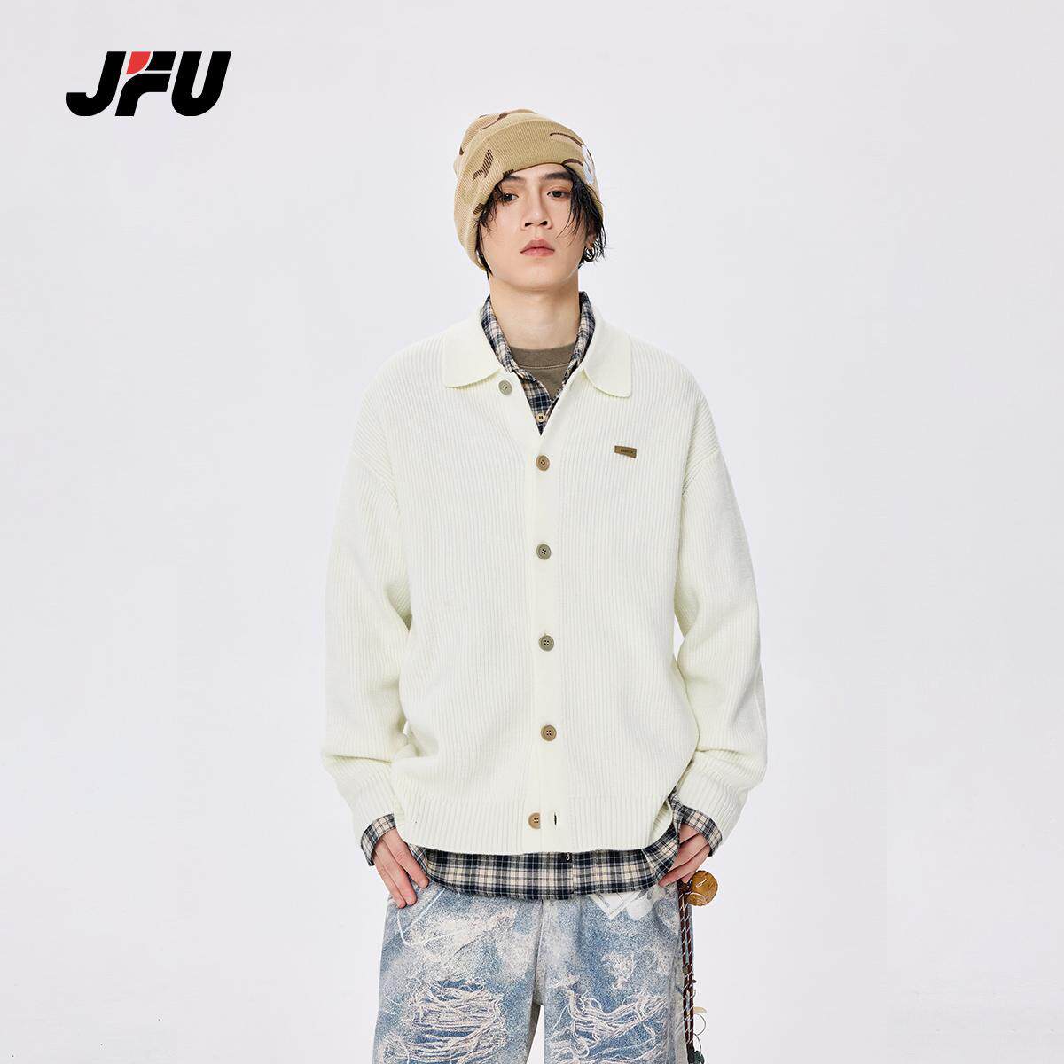 JFU秋冬季日系纯色翻领开衫毛衣男款2024年新款慵懒风休闲针织衫