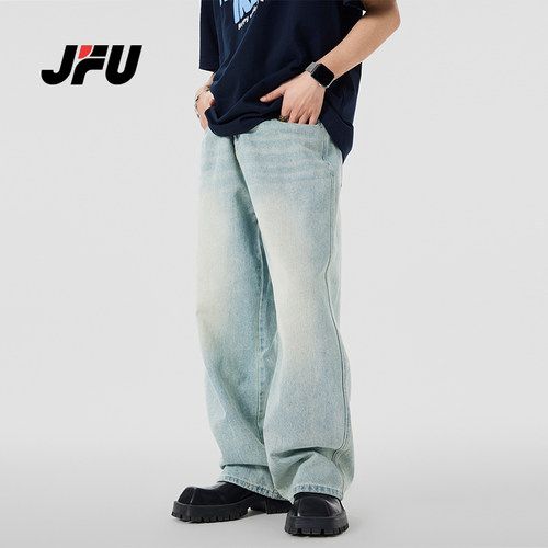 JFU 美式高街黄泥色牛仔裤男秋冬款阔腿长裤子男款宽松直筒潮牌