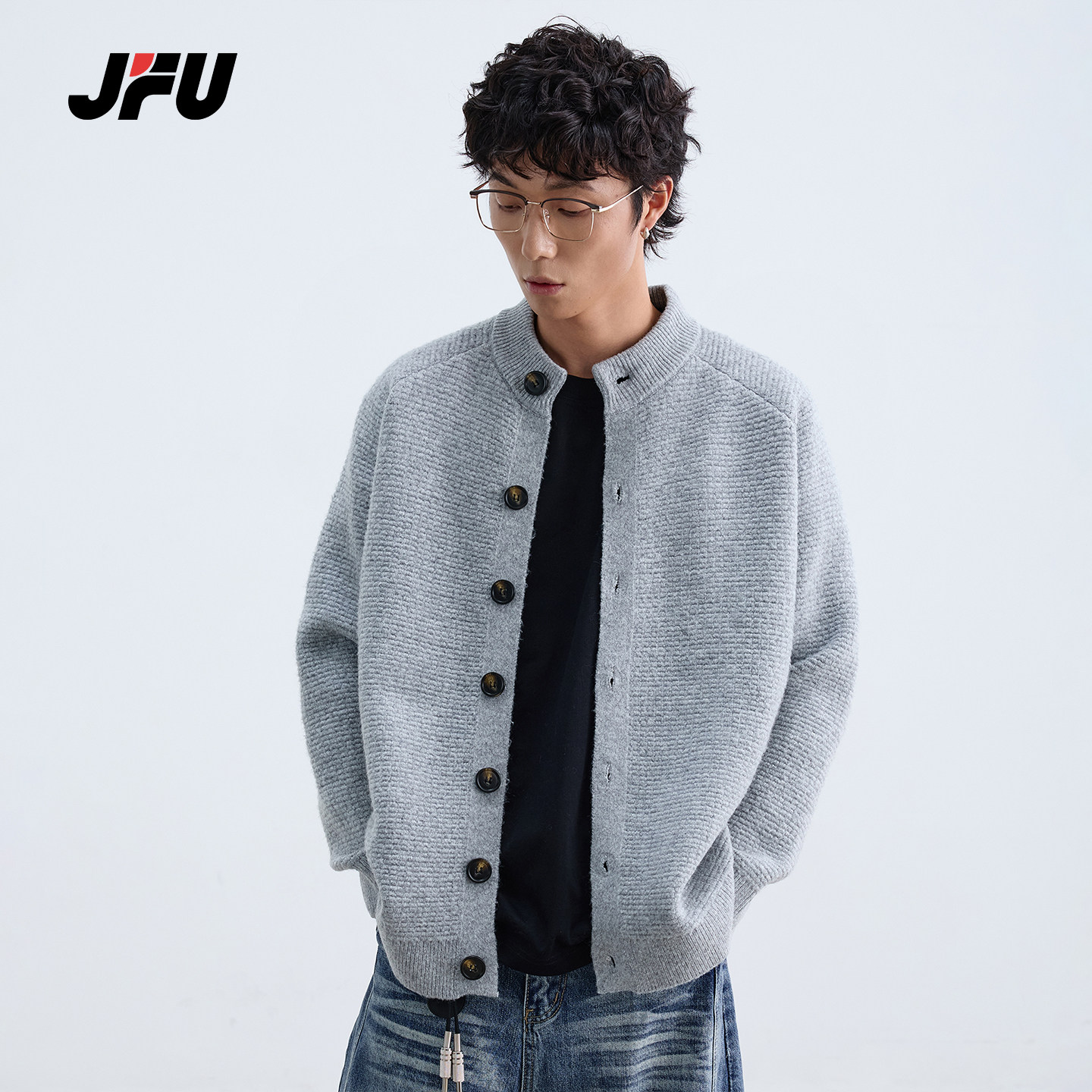 JFU潮牌美式灰色半立领开衫毛衣