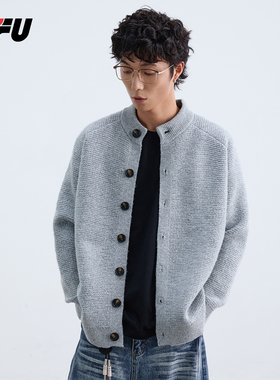 JFU潮牌 秋冬季美式灰色开衫毛衣男款简约百搭纽扣针织衫外套上衣