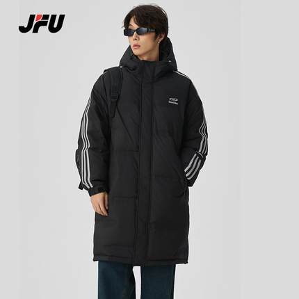 JFU冬季三道杠中长款连帽羽绒服男加厚大码过膝鸭绒保暖情侣外套