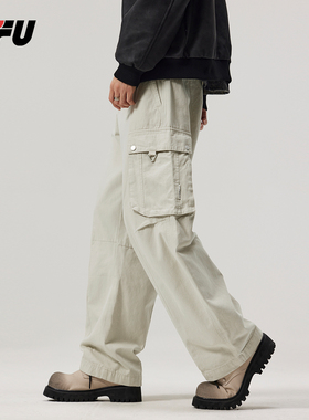 JFU春秋季多口袋工装裤男美式直筒宽松潮牌重工洗水阔腿休闲裤子