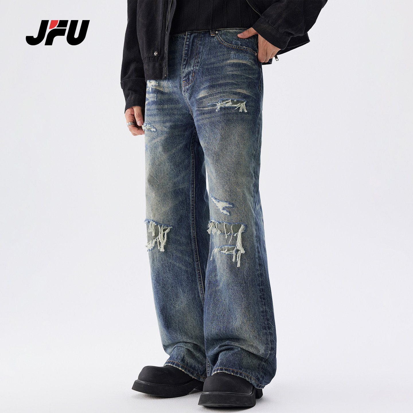 JFU潮牌美式高街风破洞牛仔裤