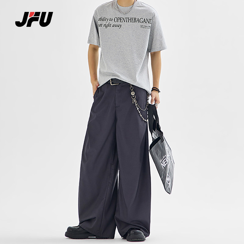 JFU夏季新款美式通勤宽松阔腿西装休闲裤男款直筒垂感拖地长裤子