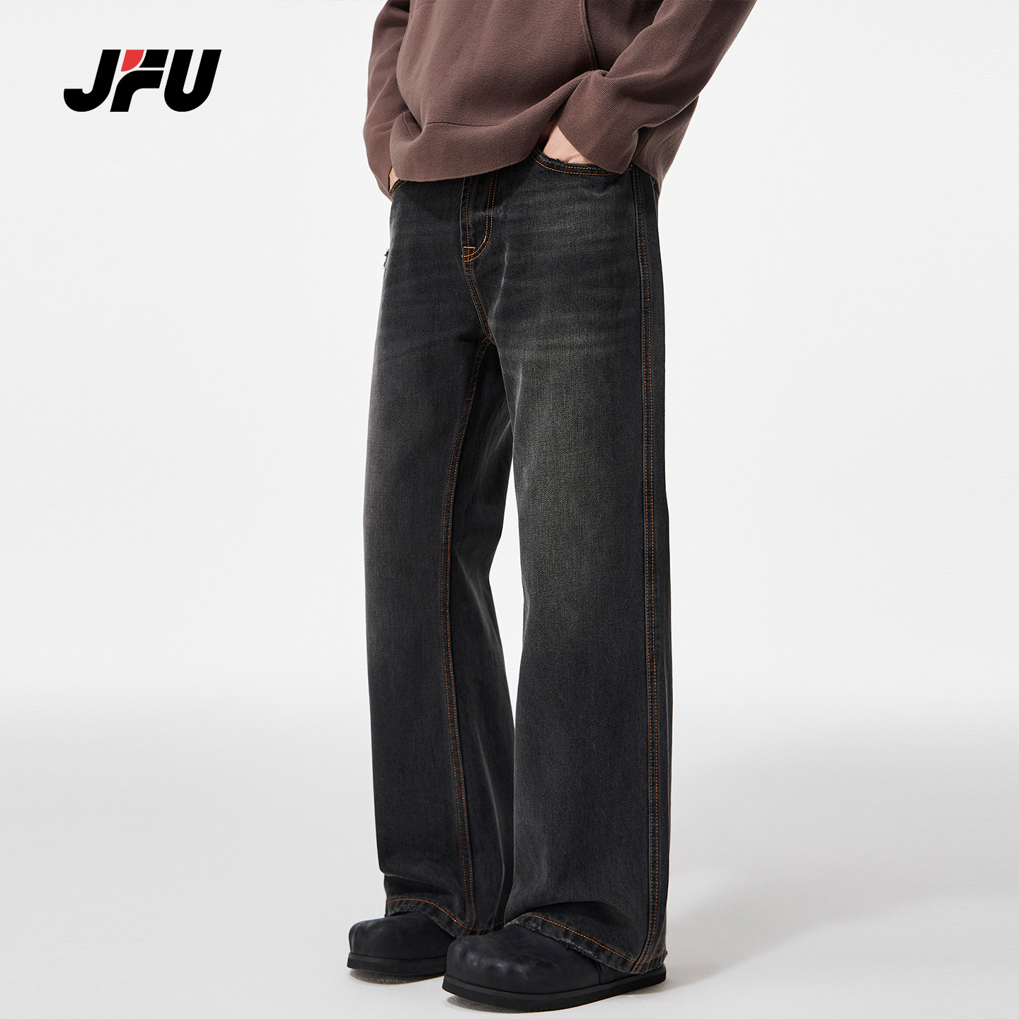 JFU潮牌 秋冬季美式复古水洗微喇叭牛仔裤男百搭直筒显瘦长裤子,男装,牛仔裤,淘宝优惠券,粉丝福利购,淘宝优惠卷