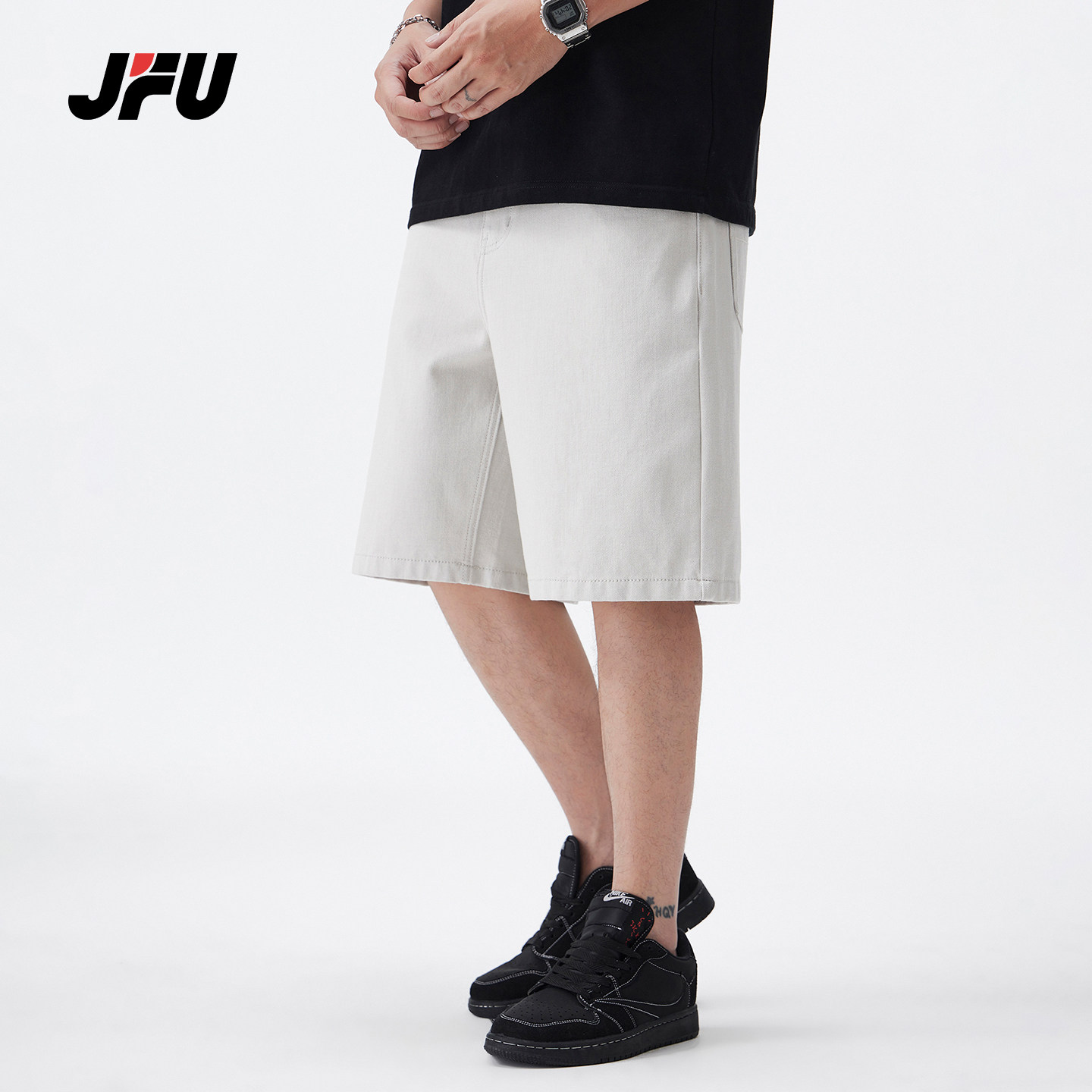 JFU夏季新款美式复古阔腿休闲牛仔短裤男款宽松直筒五分裤子