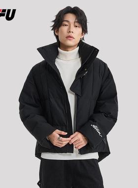 JFU冬季黑色立领字母刺绣保暖羽绒服男加厚休闲短款面包服外套