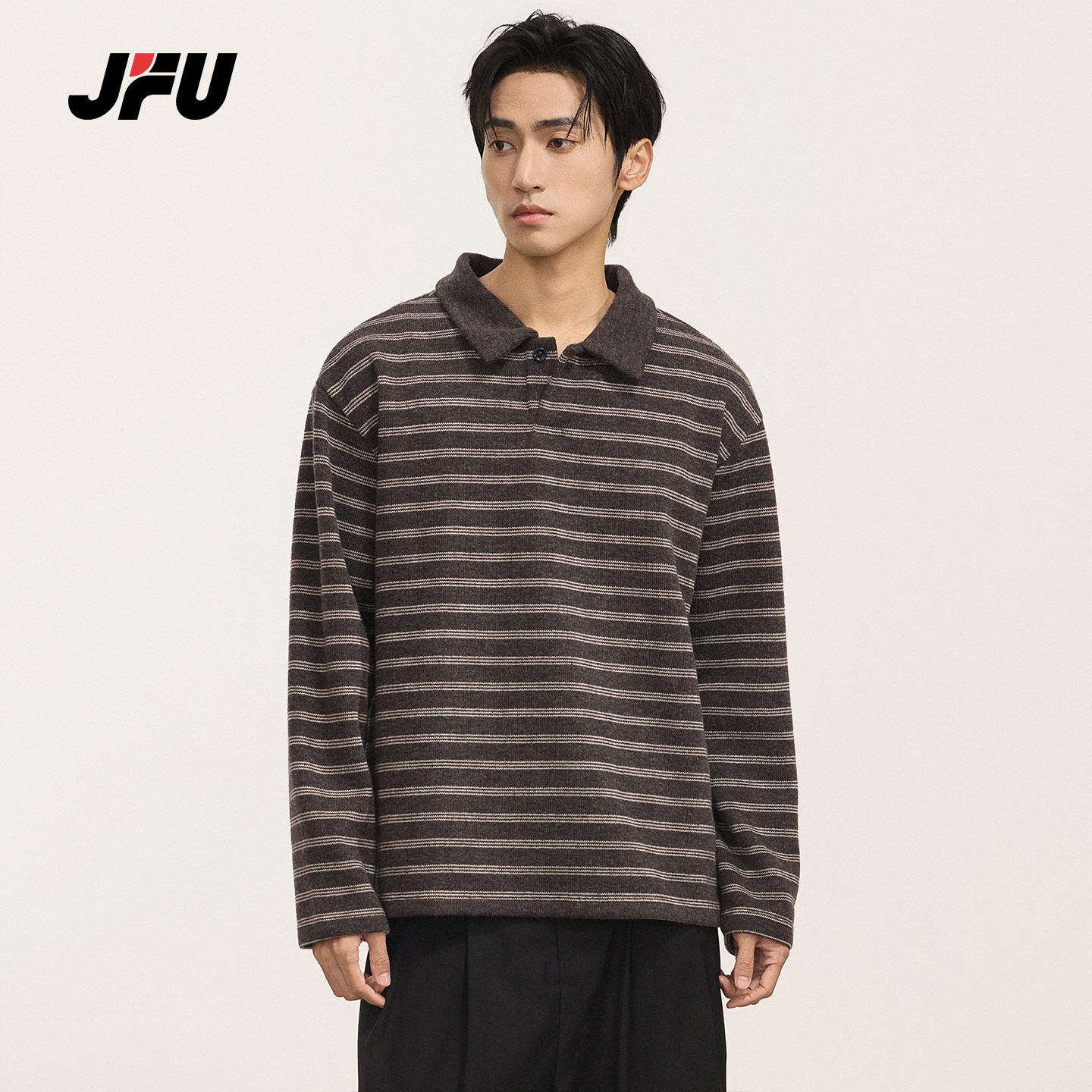 JFU潮牌条纹POLO领卫衣男宽松
