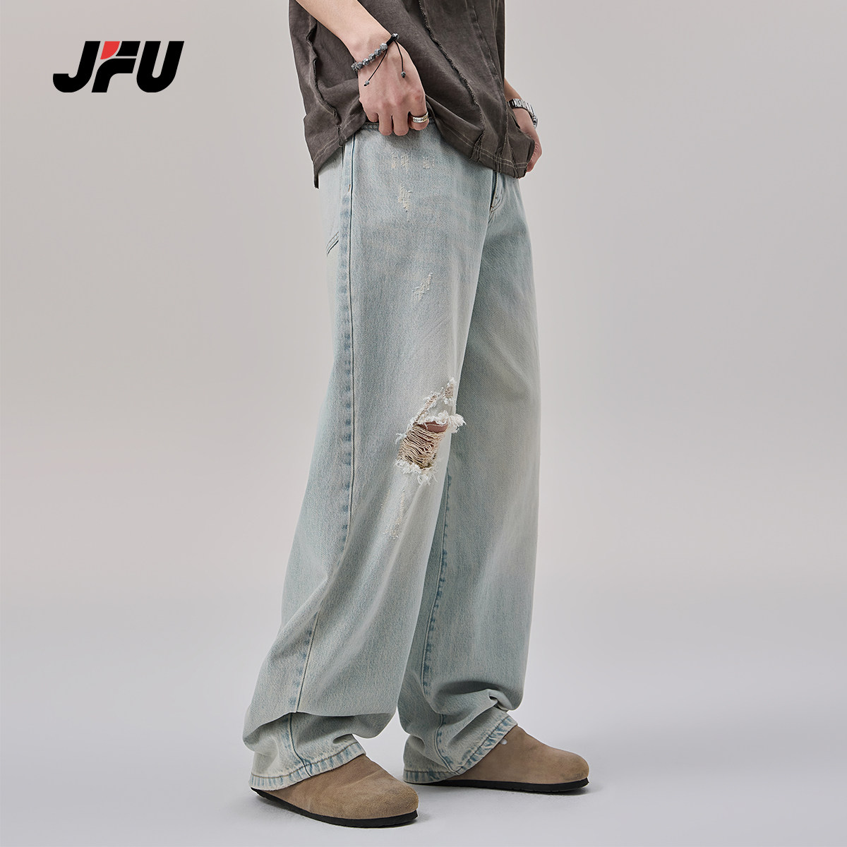 JFU2025春款蓝色破洞牛仔裤男个性复古水洗做旧阔腿宽松直筒长裤