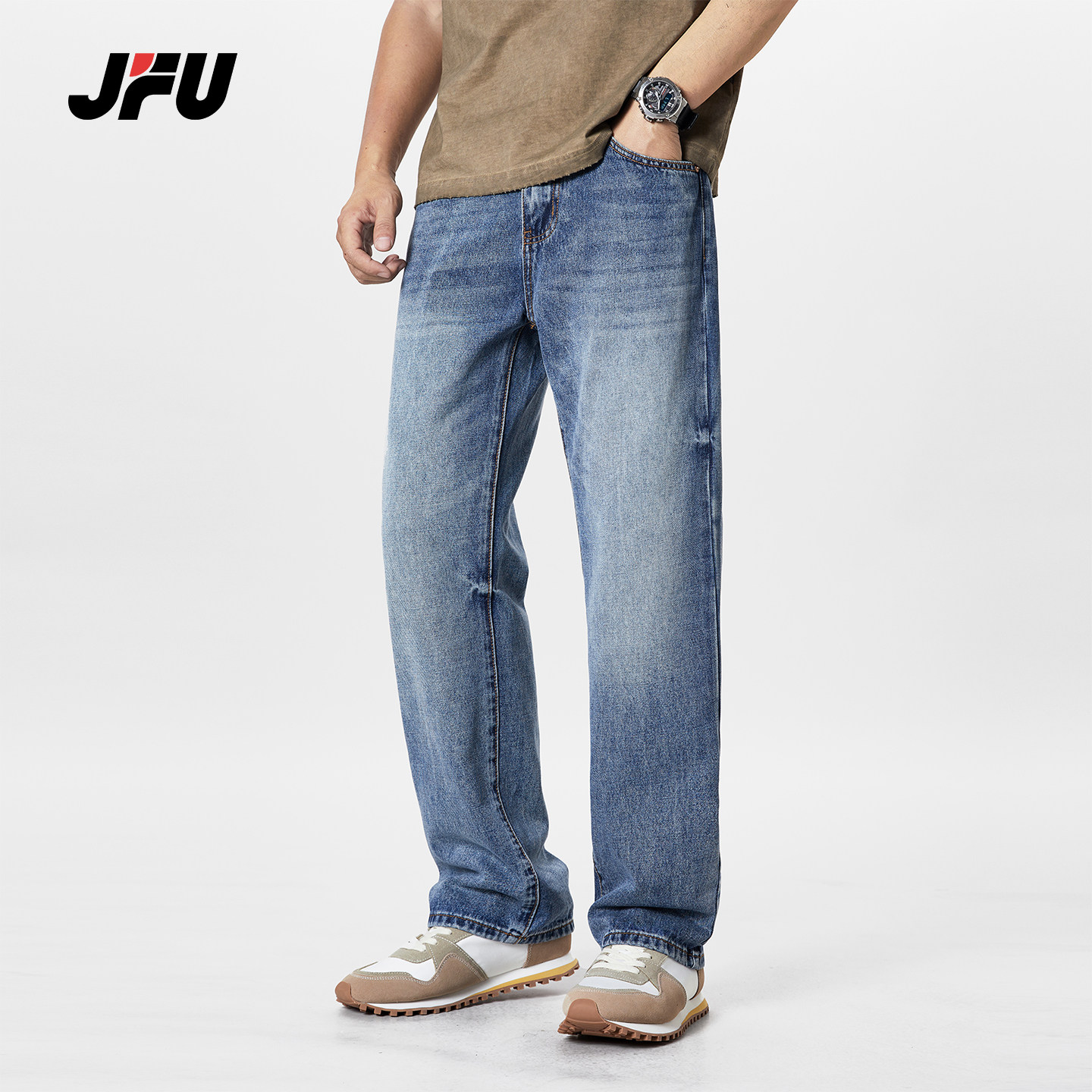 JFU春季新款美式复古褶皱休闲牛仔裤男款宽松直筒阔腿拖地长裤子