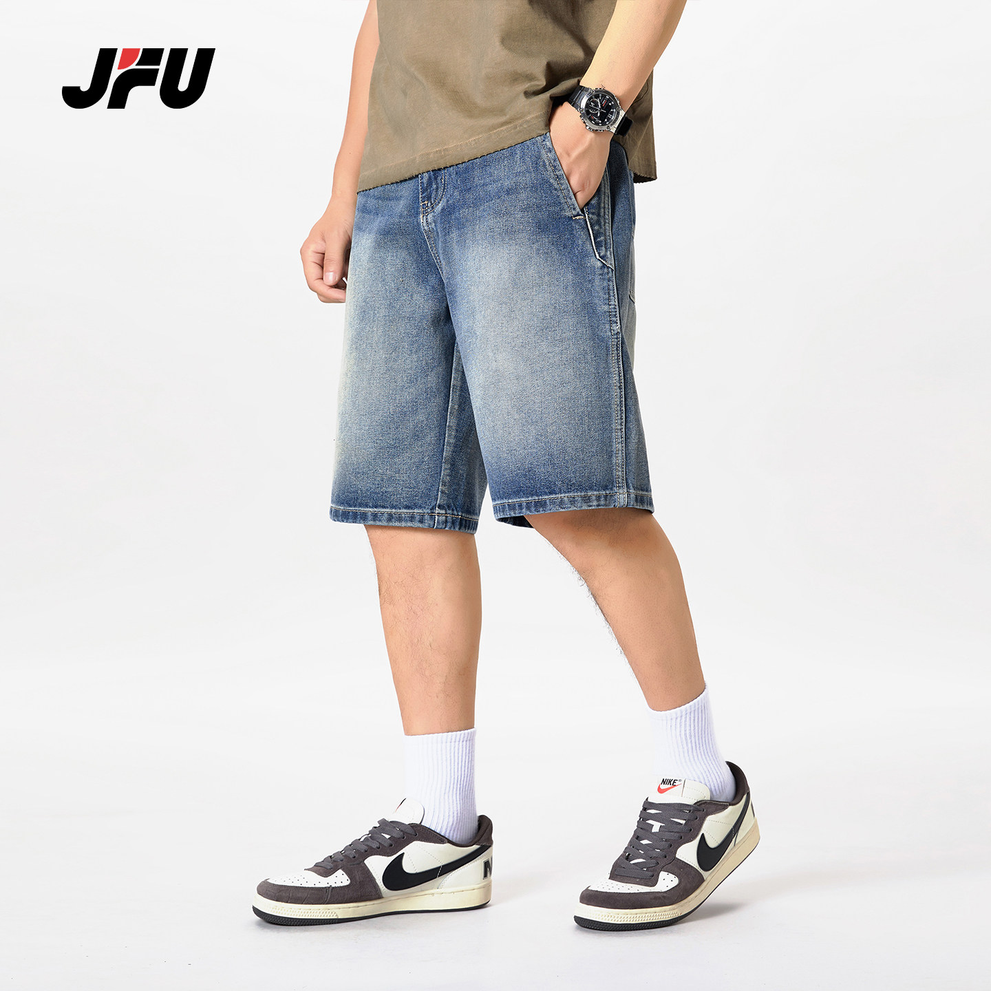 JFU夏季新款美式复古休闲牛仔短裤男款宽松直筒阔腿五分裤子