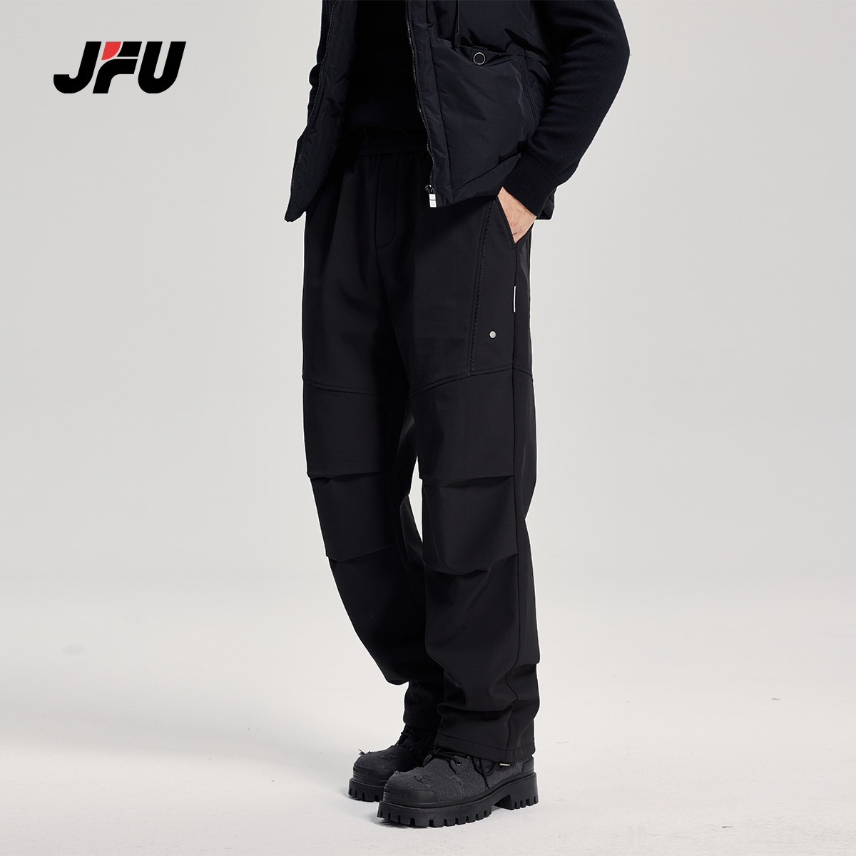 JFU奥粒绒加绒加厚休闲裤男宽松秋冬新款褶皱伞兵裤直筒工装裤