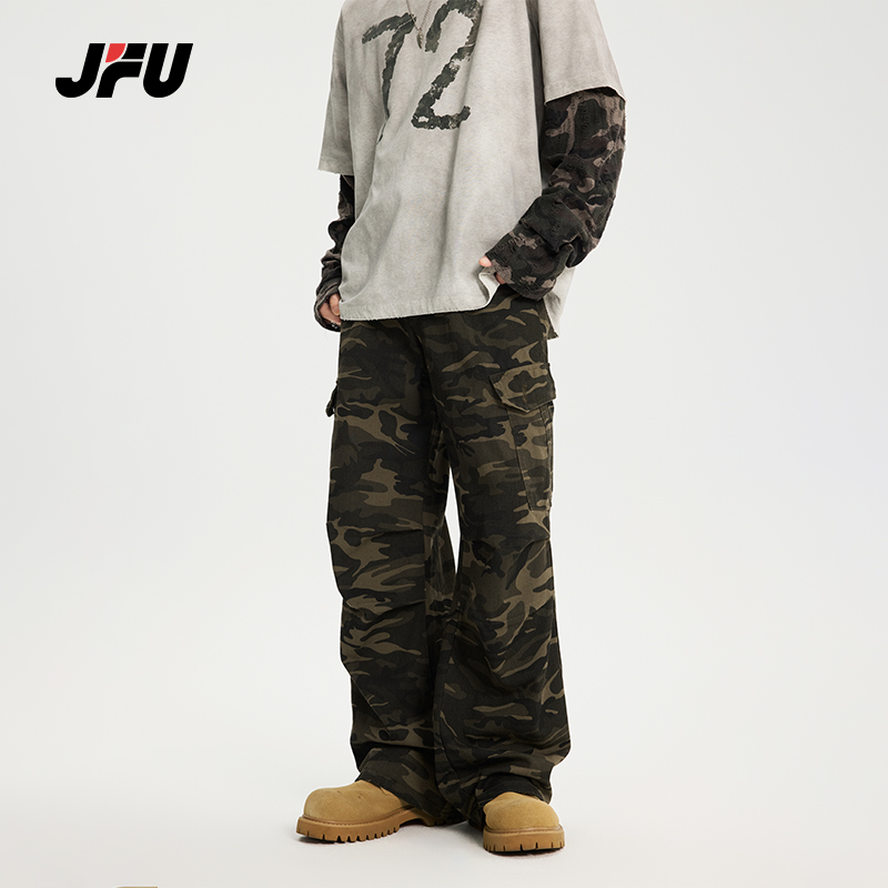 JFU春季新款美式街头复古迷彩工装裤男款潮牌休闲宽松直筒长裤子