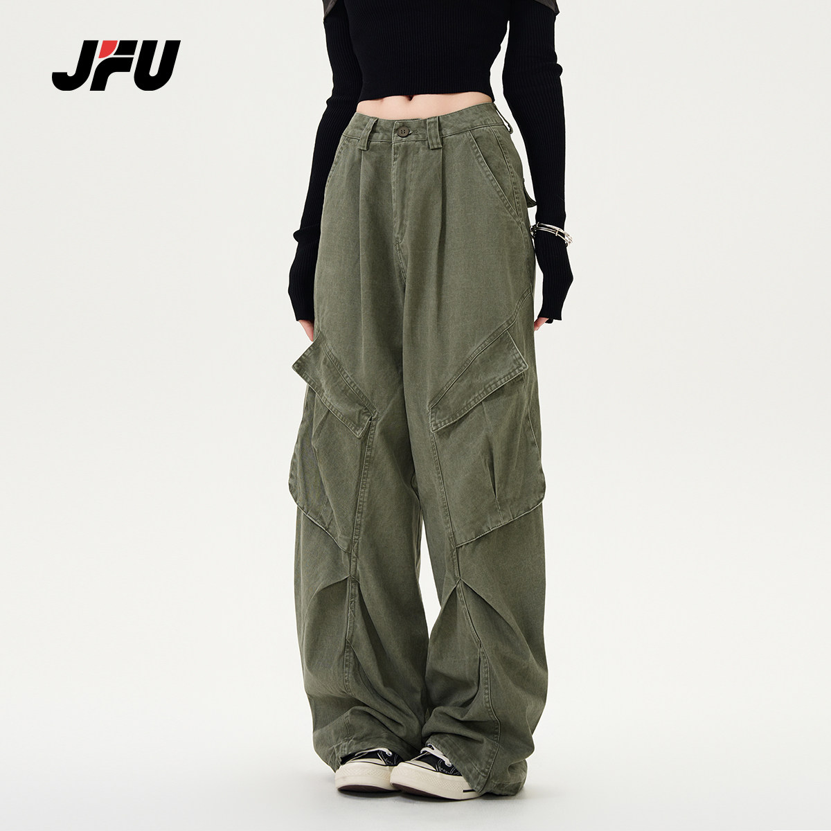 JFU潮牌 美式复古解构设计感工装裤男女宽松休闲褶皱直筒垂感裤子图片
