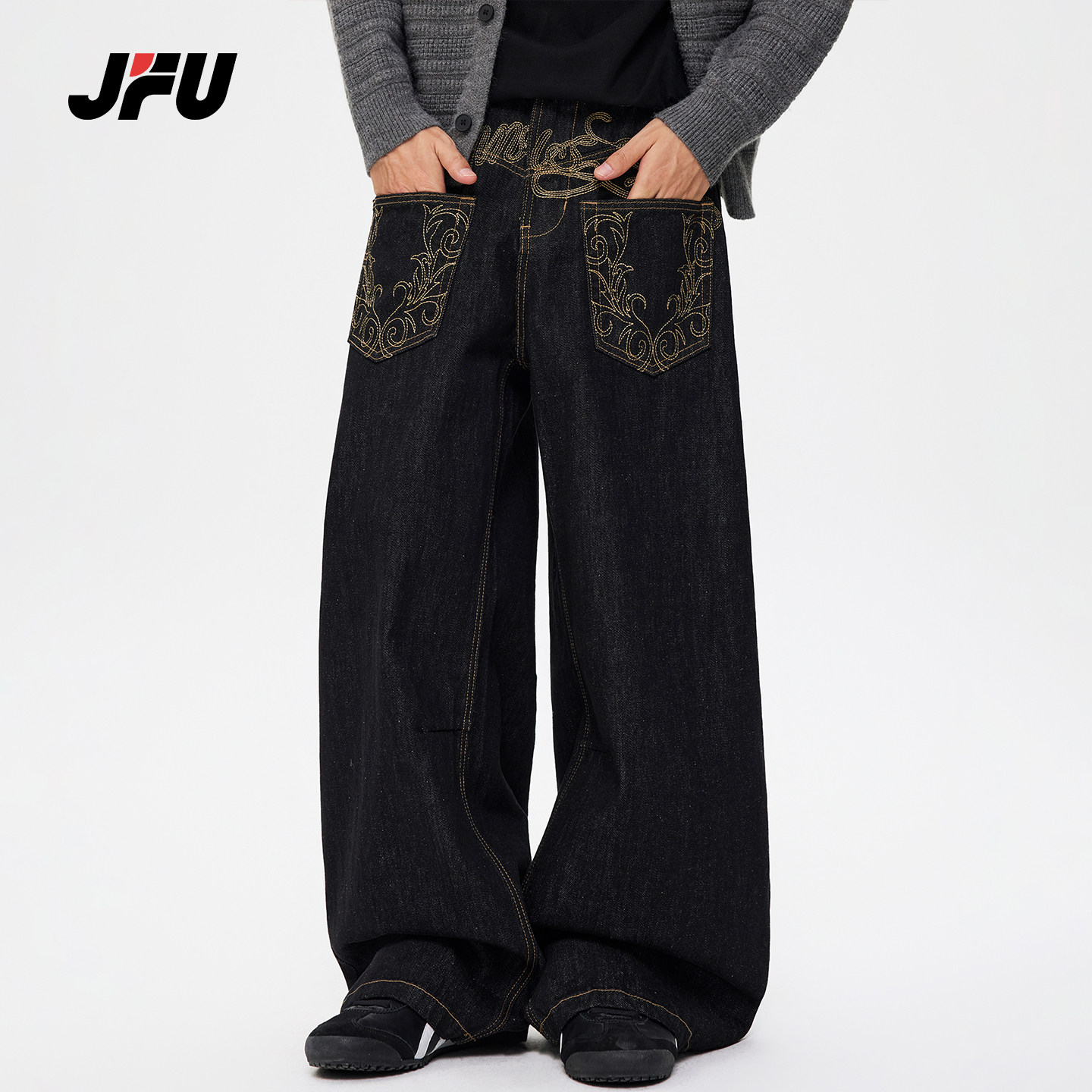 JFU潮牌 秋冬季美式刺绣印花复古宽松牛仔裤男款阔腿拖地长裤子