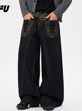 JFU潮牌 秋冬季美式刺绣印花复古宽松牛仔裤男款阔腿拖地长裤子