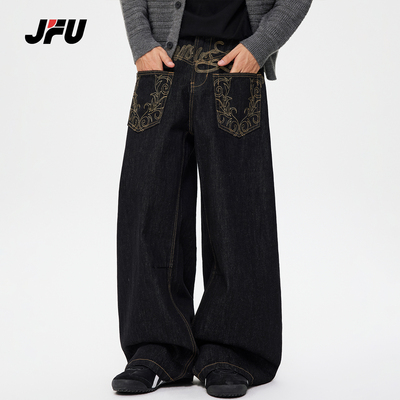 JFU潮牌 春秋美式刺绣印花复古宽松牛仔裤男款阔腿拖地长裤子