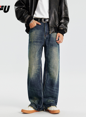 JFU美式高街水纹设计感休闲直筒潮牌重磅马骝宽松阔腿牛仔长裤男