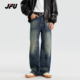 JFU美式 男 高街水纹设计感休闲直筒潮牌重磅马骝宽松阔腿牛仔长裤