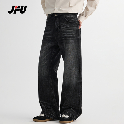 JFU潮牌美式复古水洗牛仔裤