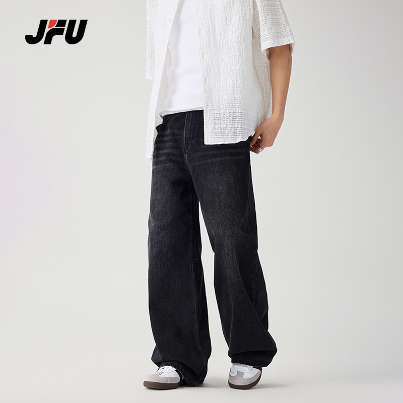 JFU夏季新款美式复古做旧黑色牛仔裤男款宽松直筒阔腿拖地长裤