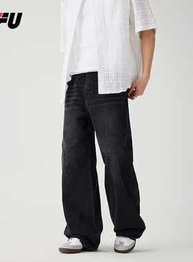 JFU夏季新款美式复古做旧黑色牛仔裤男款宽松直筒阔腿拖地长裤