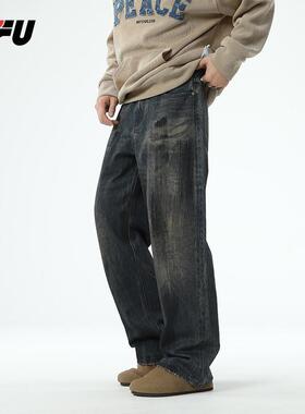 JFU秋冬季美式废土风直筒牛仔裤男复古做旧宽松潮牌阔腿休闲长裤