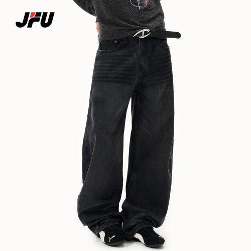 JFU潮牌美式复古做旧阔腿牛仔裤