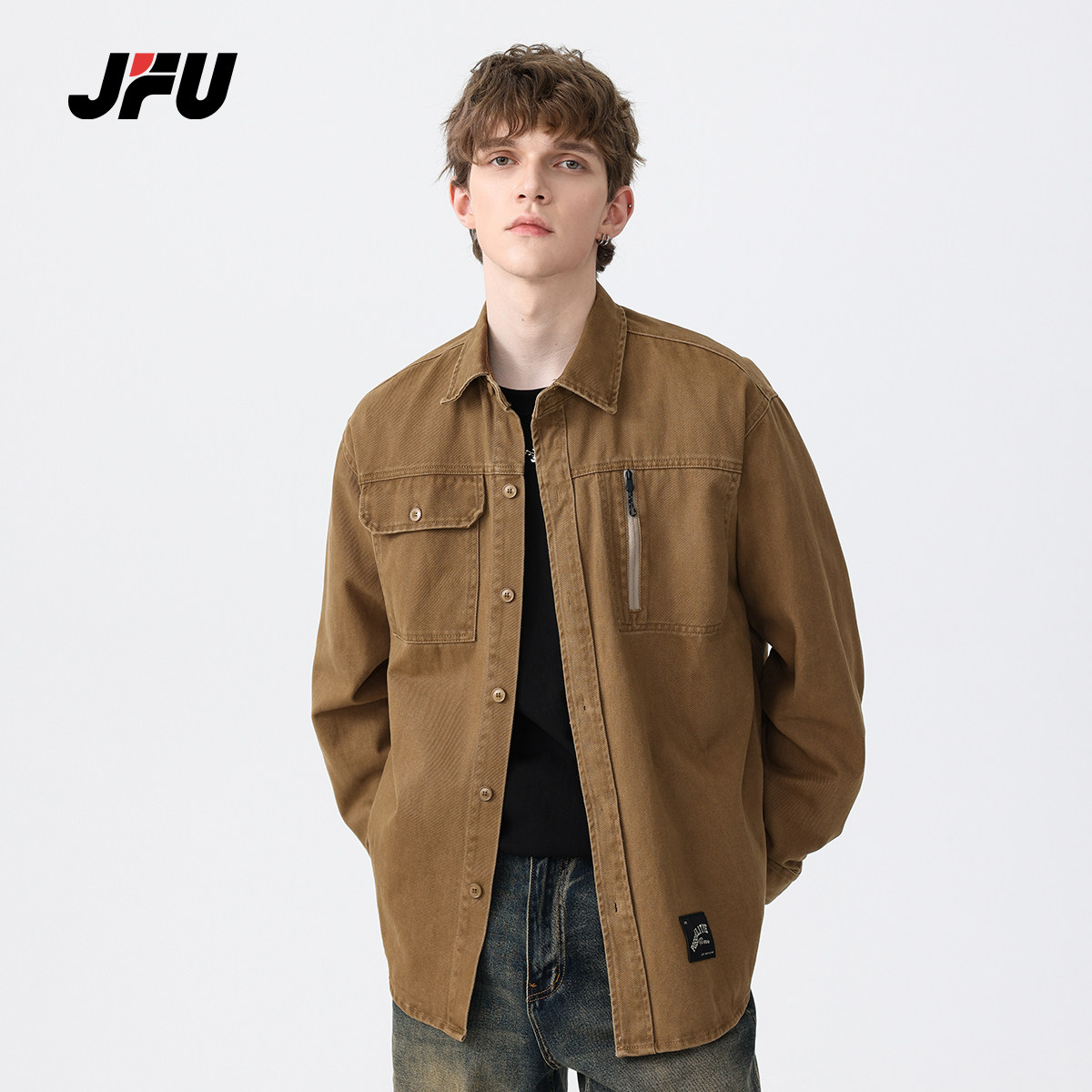 JFU秋季美拉德复古vintage工装衬衫男士做旧潮牌重磅水洗衬衣外套