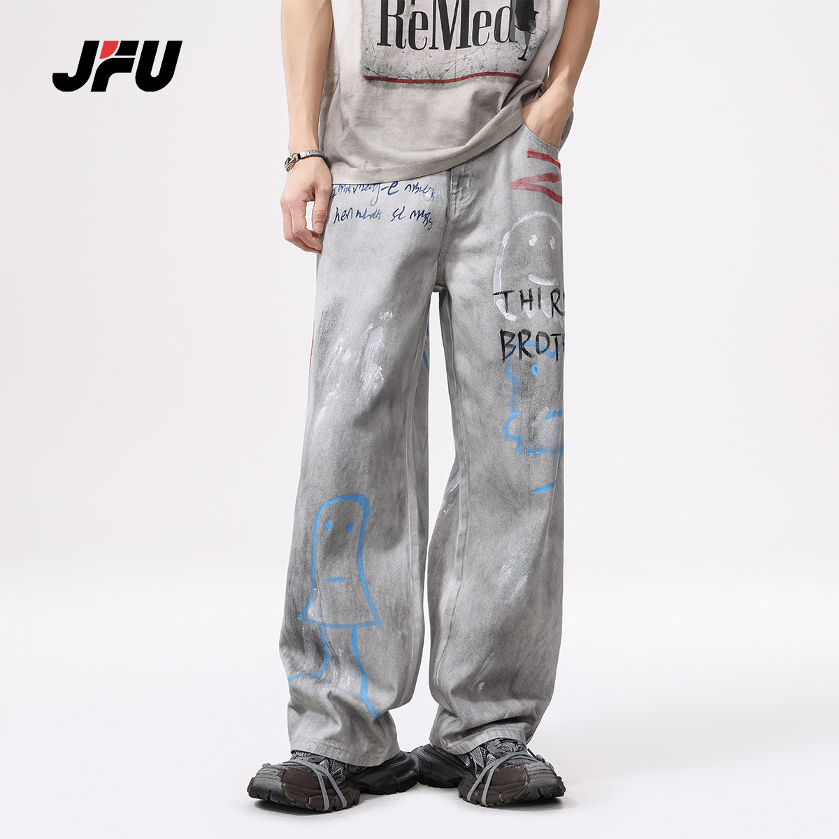 JFU设计感小众涂鸦印花牛仔裤男女宽松直筒阔腿脏脏做旧白色裤子