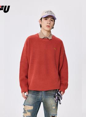 JFU秋冬季红色圆领长袖针织毛衣男2024新款加厚宽松休闲毛线上衣